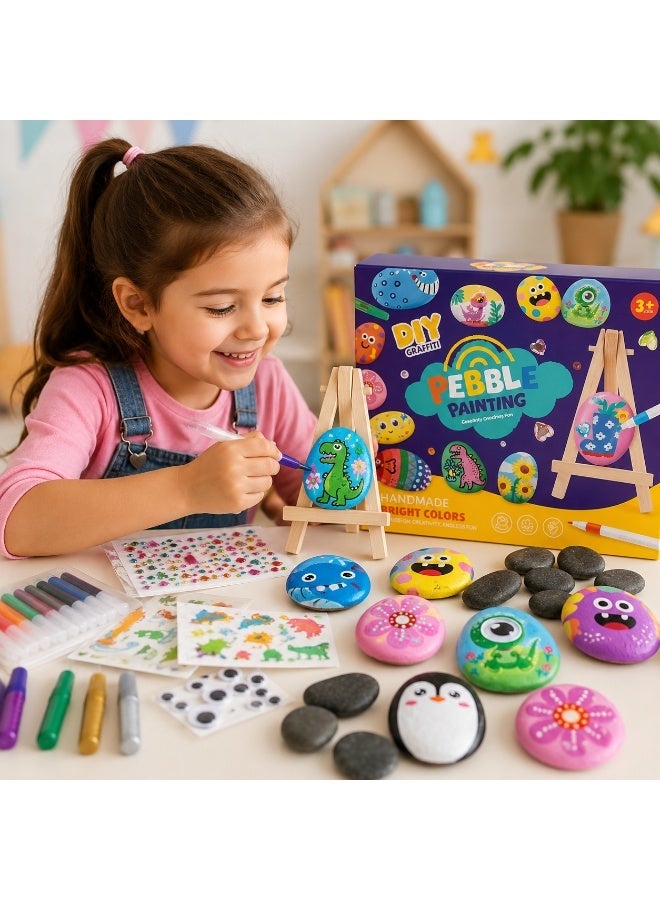 Twisoo DIY Pebble Painting Kit for Kids, Rock Painting Art Set with 10 Natural Stones, Acrylic Paint Markers, Glitter Glue, Gems, Googly Eyes, Transfer Stickers & Wooden Easel, Creative Craft Gift for Boys & Girls 3+ - Image 2