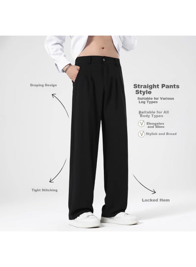 Maybeyond Men's Casual Ice Silk Pants Summer Loose-fitting Simple Wide-leg Straight Suit Pants Ma86 Black 3XL - Image 1