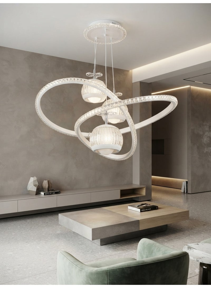 Modern White Chandelier with Intertwined Ring Design, LED Lighting & Crystal Balls