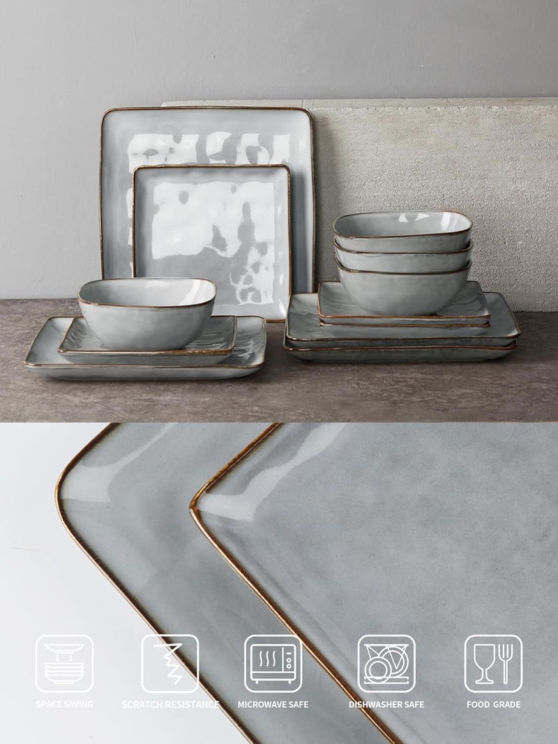 Famiware Dinnerware Sets for 4 Ocean Square 12Piece Kitchen Plates and Bowls Sets Reactive Glaze Microwave and Dishwasher Safe Scratch Resistant Grey - Image 5