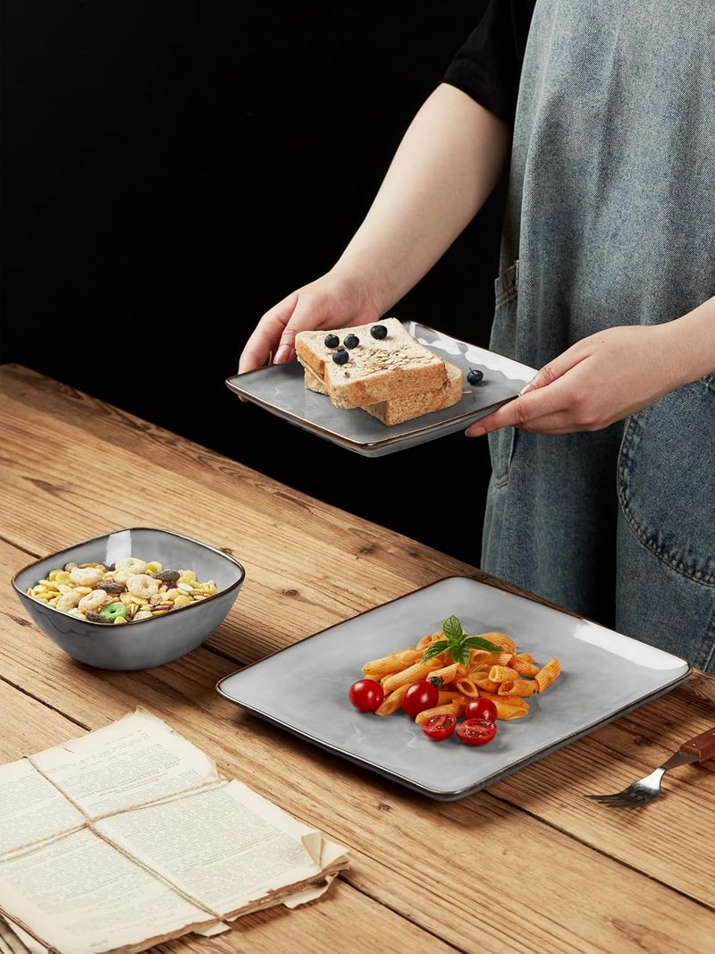 Famiware Dinnerware Sets for 4 Ocean Square 12Piece Kitchen Plates and Bowls Sets Reactive Glaze Microwave and Dishwasher Safe Scratch Resistant Grey - Image 2