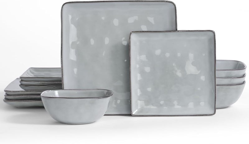 Famiware Dinnerware Sets for 4 Ocean Square 12Piece Kitchen Plates and Bowls Sets Reactive Glaze Microwave and Dishwasher Safe Scratch Resistant Grey - Image 1