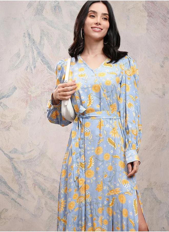 Vishudh Floral Print Wrap Front Maxi Dress with Side Slit by Styli