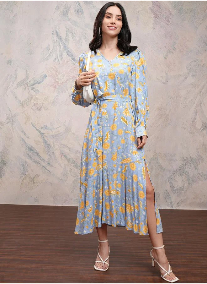 Vishudh Floral Print Wrap Front Maxi Dress with Side Slit by Styli