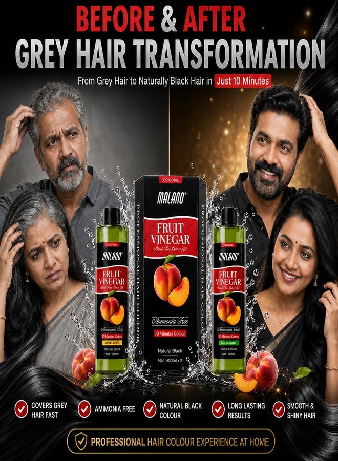 Malano Apple Fruit Vinegar Hair Color Shampoo for Men & Women | Long Lasting Ammonia Free Grey Hair Coverage_ Natural Black Colour Hair Dye (500MLx2) - Image 5
