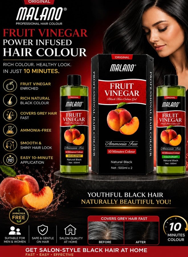 Malano Apple Fruit Vinegar Hair Color Shampoo for Men & Women | Long Lasting Ammonia Free Grey Hair Coverage_ Natural Black Colour Hair Dye (500MLx2) - Image 3
