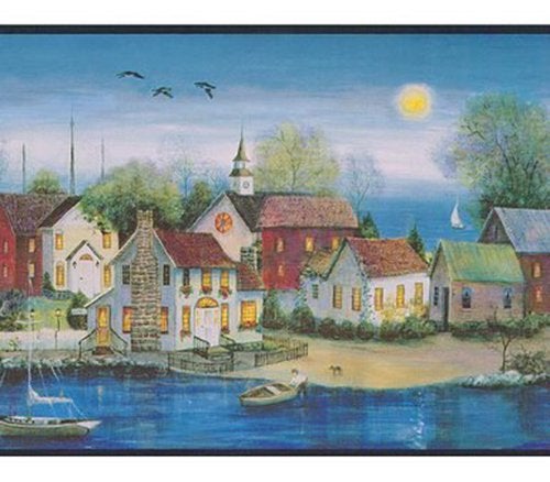 Chesapeake PC95091B Country Houses Wallpaper Border Blue Black