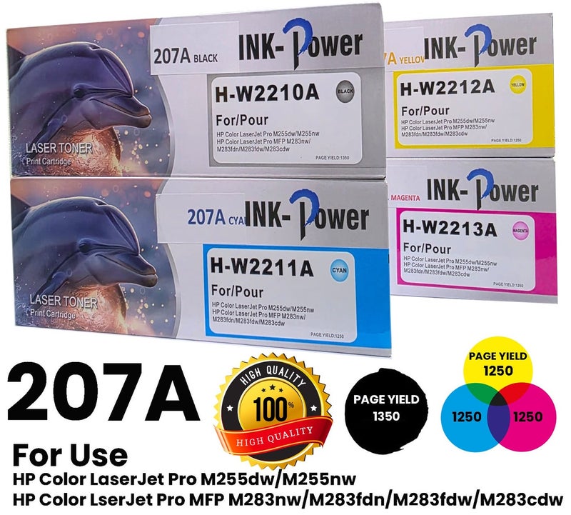 اينك باور خرطوشة حبر 207A متوافقة مع حبر HP W2210A وW2211A وW2212A وW2213A، تعمل مع طابعات Color Pro M255dw وM255nw MFP وM282nw M283 Series، مجموعة واحدة (مع شريحة) - Image 1