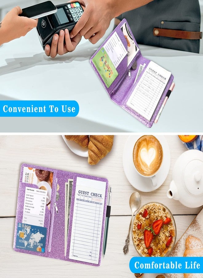 ACdream Server Books for Waitress with Zipper Pocket, Guest Book Note Pad, Cute Pocket Leather Money Organizer Wallet, Cash Check Bill Receipt Holder Presenter, Waiter Accessories, Glitter Purple - Image 5
