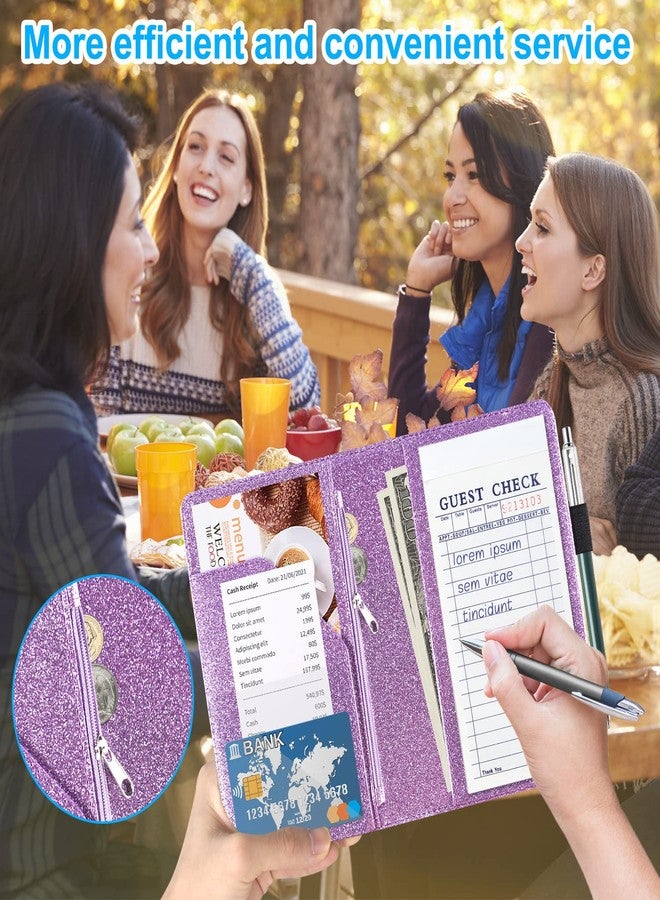 ACdream Server Books for Waitress with Zipper Pocket, Guest Book Note Pad, Cute Pocket Leather Money Organizer Wallet, Cash Check Bill Receipt Holder Presenter, Waiter Accessories, Glitter Purple - Image 2