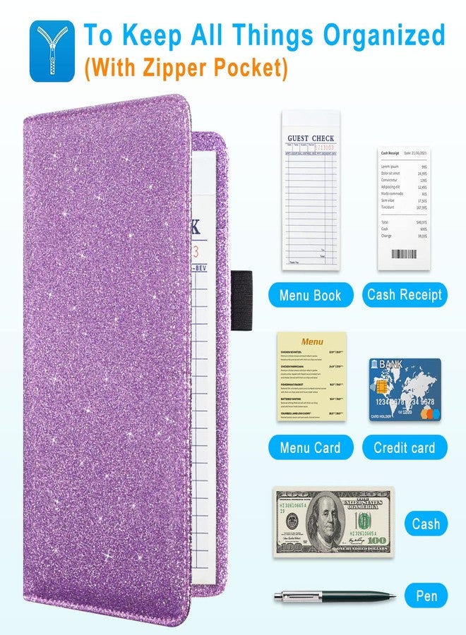 ACdream Server Books for Waitress with Zipper Pocket, Guest Book Note Pad, Cute Pocket Leather Money Organizer Wallet, Cash Check Bill Receipt Holder Presenter, Waiter Accessories, Glitter Purple - Image 3