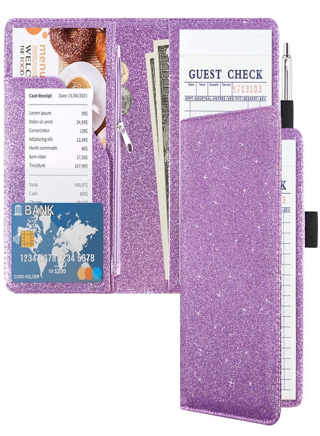 ACdream Server Books for Waitress with Zipper Pocket, Guest Book Note Pad, Cute Pocket Leather Money Organizer Wallet, Cash Check Bill Receipt Holder Presenter, Waiter Accessories, Glitter Purple - Image 1