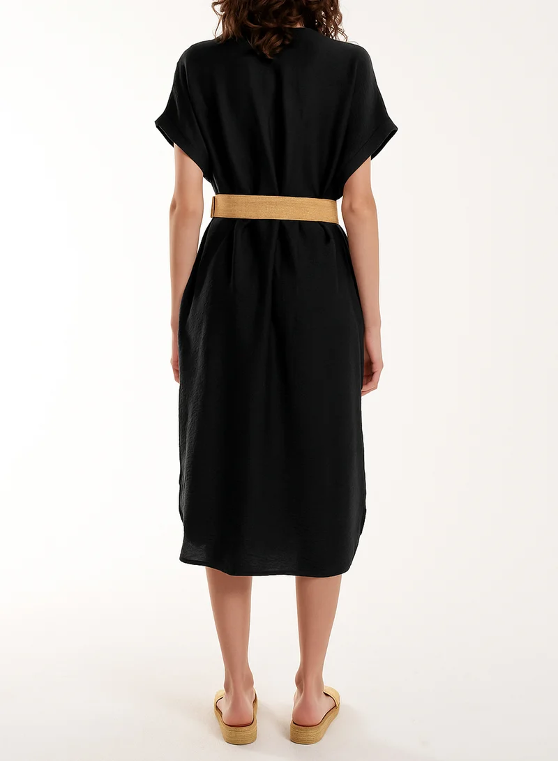 بلو فانيلا Bellted V-Neck Short Sleeve Midi Dress