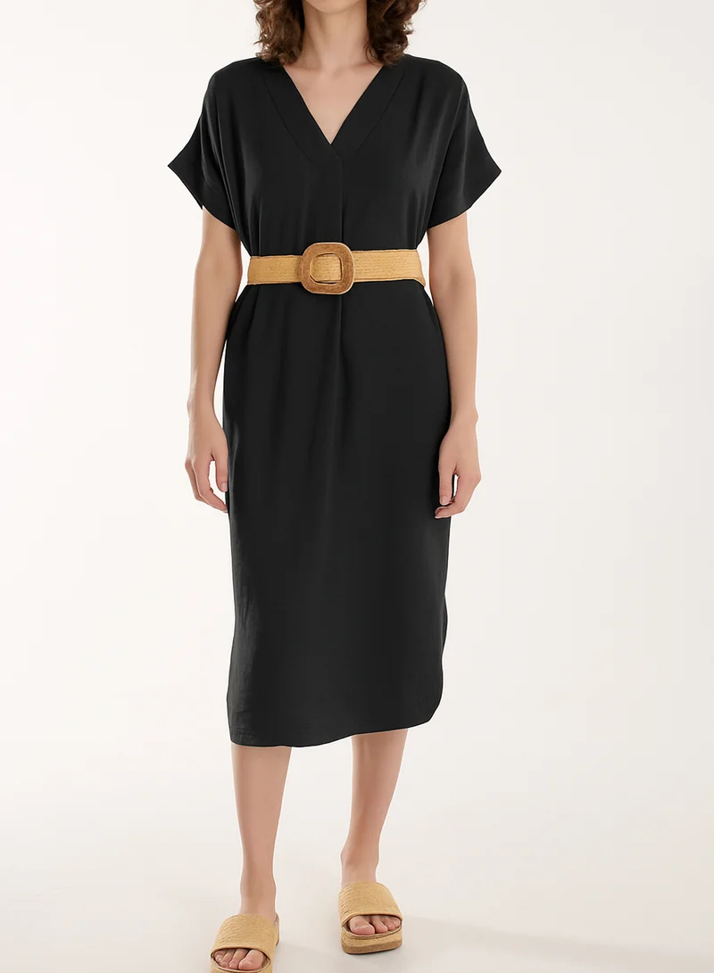 بلو فانيلا Bellted V-Neck Short Sleeve Midi Dress