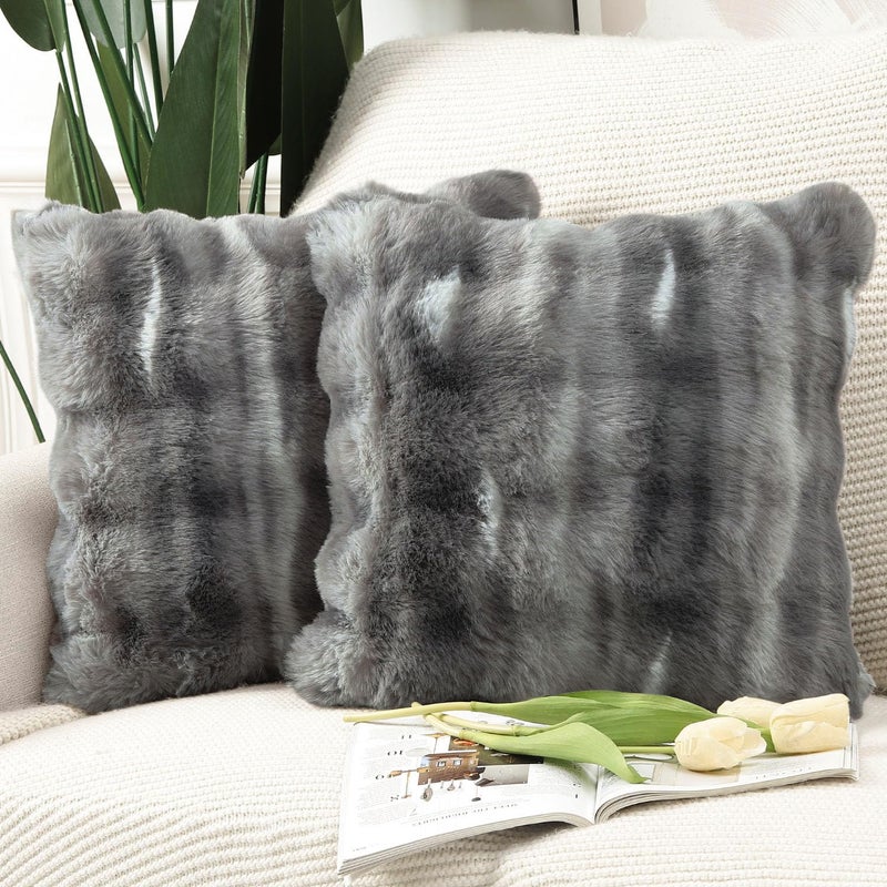 MADIZZ Pack of 2 Thick Plush Wool Throw Pillow Covers 20x20 Inch Dark Grey Soft Neutral Decorative Throw Pillows Accent Boho Cushion Covers for Couch Sofa Bedroom Pillow Shell - Image 1