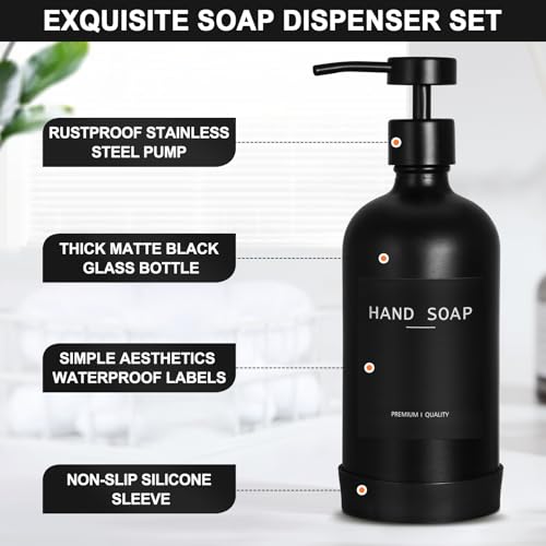 RYTOXILO Black Glass Soap Dispenser with Stainless Steel Pump, 16.9 Fl oz Soap Dispenser Set for Kitchen, Matte Black Hand Dish Soap Dispensers for Kitchen and Bathroom, Lotion Dispenser Bathroom Decor - Image 3