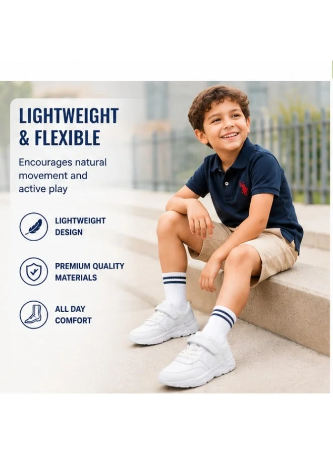 U.S. Polo Assn.  U.S. Polo Assn. Kids White Mesh Sneakers | Lightweight Breathable School & Casual Shoes | Hook & Loop Strap with Lace Design | Non-Slip Walking Shoes for Boys & Girls  | Best Price UAE