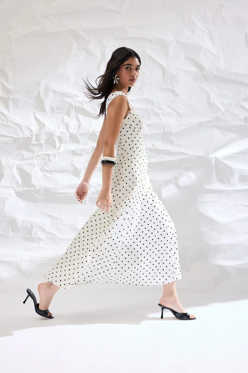 Defacto  Heart Neck Polka Dot Crepe Strappy Midi Dress for Women | Best Price UAE