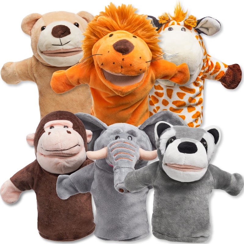 JOYIN 6Pcs Kids Hand Puppet Set with Working Mouth, Toddler Animal Plush Toy Includes Elephant, Giraffe, Lion, Bear, Raccoon and Monkey for Show Theater, Christmas Birthday Gifts for Kid - Image 1