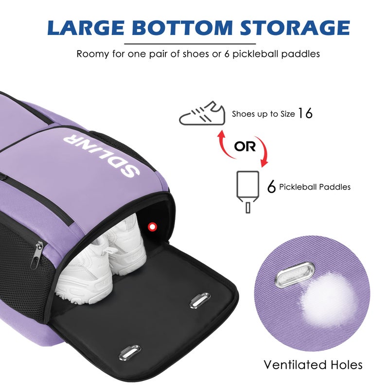SDLINR Pickleball Bag Fits 4 to 10 Paddles, Large Pickleball Backpack with Shoe Compartment and Fence Hook, Pickle ball Gifts for Men Women (Purple) - Image 3