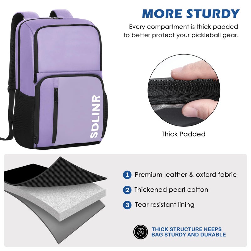 SDLINR Pickleball Bag Fits 4 to 10 Paddles, Large Pickleball Backpack with Shoe Compartment and Fence Hook, Pickle ball Gifts for Men Women (Purple) - Image 4