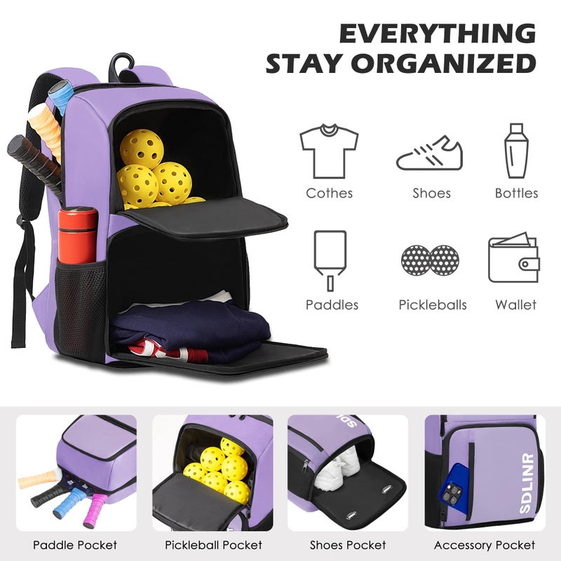 SDLINR Pickleball Bag Fits 4 to 10 Paddles, Large Pickleball Backpack with Shoe Compartment and Fence Hook, Pickle ball Gifts for Men Women (Purple) - Image 2