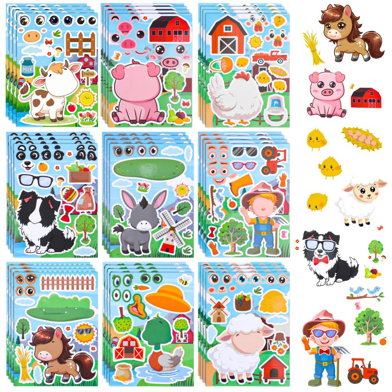 Fyguard 36 Sheets Farm Animal Stickers, Make Your Own Faces Stickers for Kids, Mixed and Match Animal Sticker for Farm Decorations Animals Party Classroom Craft DIY Projects, 9 Designs - Image 1