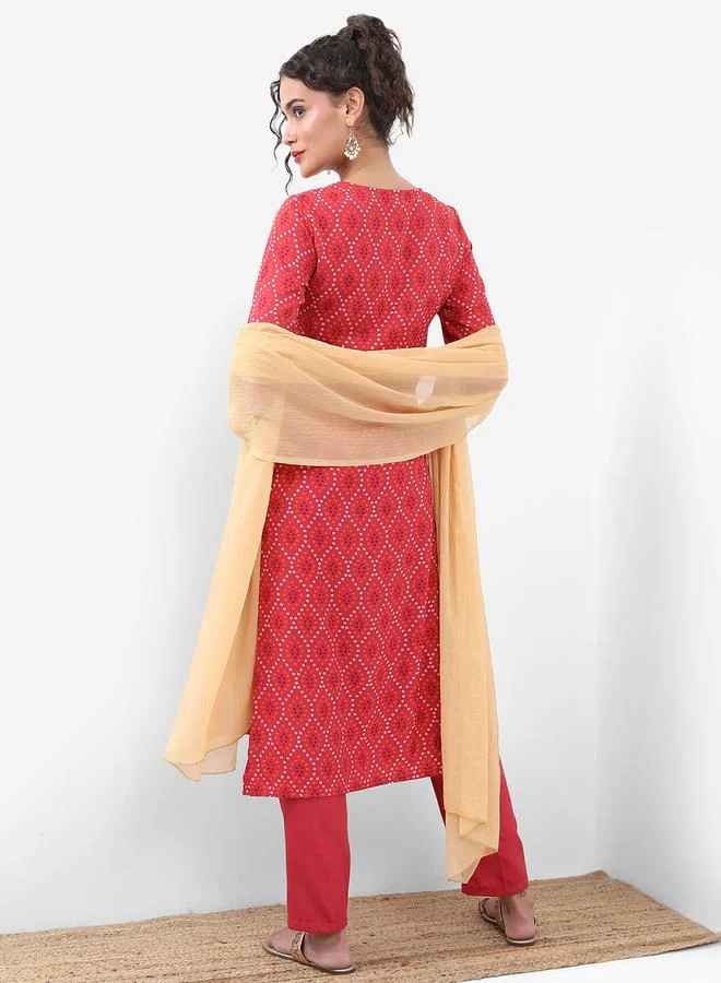 Vishudh Vishudh Women Red Printed Kurta Set with Dupatta