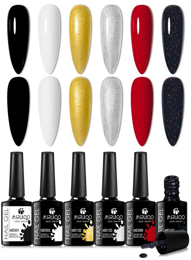 MSRUIOO Nude Gel Nail Polish Set Classic Nail Polish Gel 6 Colors Reflective Glitter Polish Gold Silver Red Black Nail Kit Fall Nail Polish Kit Gifts for Women - Image 1