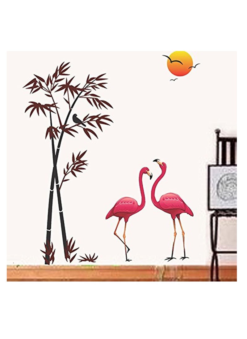 Decals Design PVC Vinyl Flamingos with Bamboo at Sunset Wall Sticker (90 x 60cm, Multicolor)  - Image 1