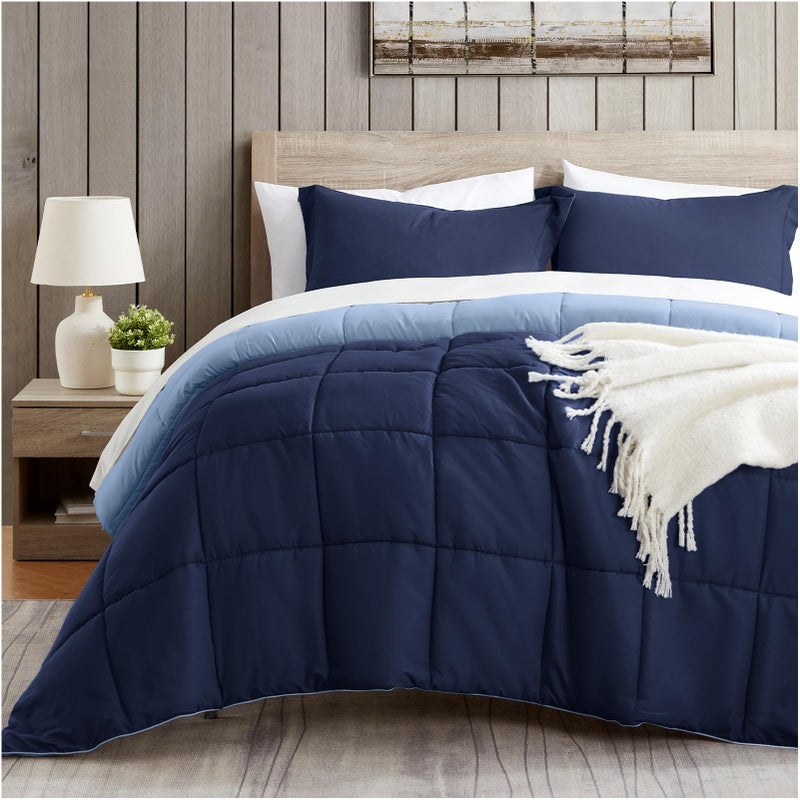 satisomnia King Size Comforter Set Navy Blue Bedding Comforters King Size 3 Pieces Down Alternative Bed Comforter Lightweight Soft Quilted Bed Set Breathable Reversible All Season Bedding Sets