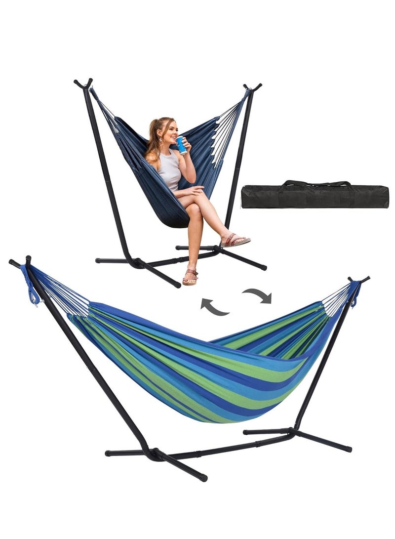 PENG GENERAL Double Cotton Hammock with Space Saving Steel Stand, with Portable Carrying Bag, Kid's Hammocks, Blue - Image 1