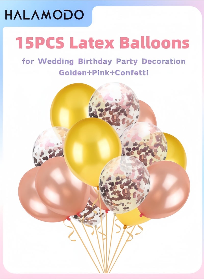 15 Pcs 12 Inch Gold and Pink Balloons Set Confetti Balloons Party Balloons Latex Balloons for Wedding Baby Shower Birthday Party Decorations - Image 1