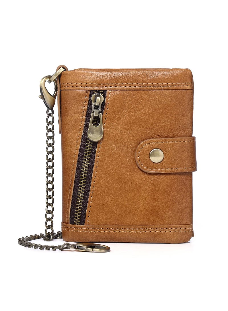 KASTWAVE Genuine Leather RFID Bifold Wallets with Anti-Theft Chain Minimalist Leather Wallet with ID Window Multifunctional Leather Wallet Leather Wallet for Men with Money Pocket - Image 1