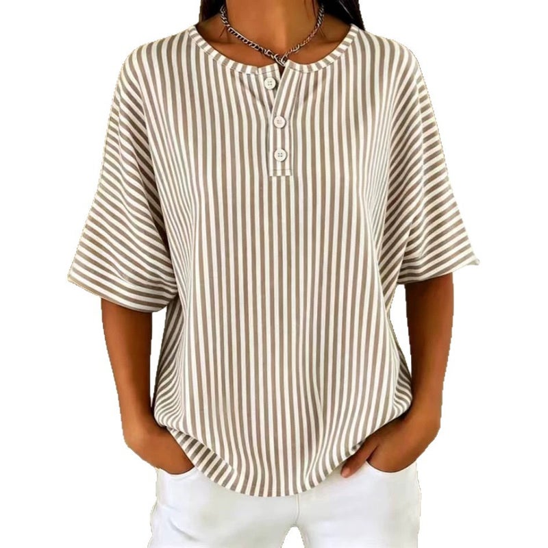 Women's Casual Striped V-Neck Short Sleeve T-Shirt - Image 5