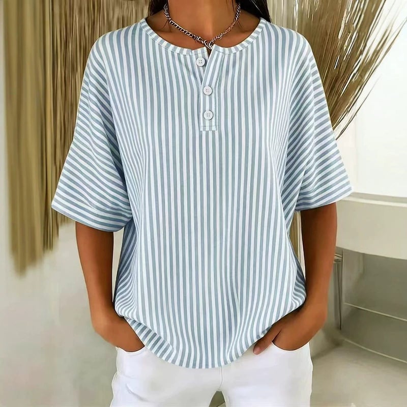 Women's Casual Striped V-Neck Short Sleeve T-Shirt - Image 4