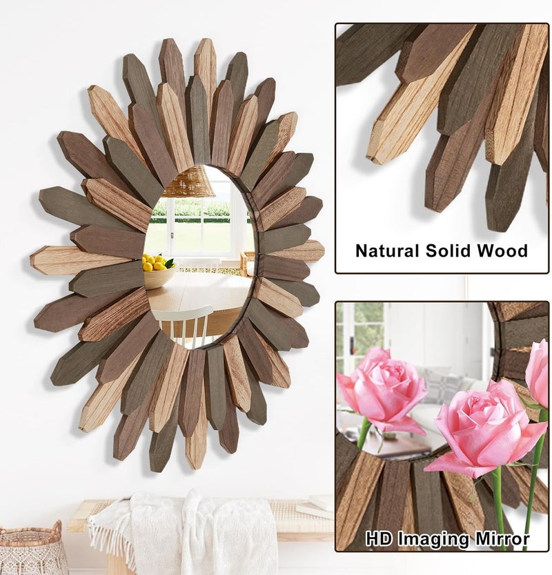 Emfogo Wall Mirror 21 inch Large Rustic Wood Boho Mirror Wall Decor Boho Room Decor Home Decor Aesthetic Farmhouse Decor for Bedroom Living Room Entryway(Tri-Color) - Image 4