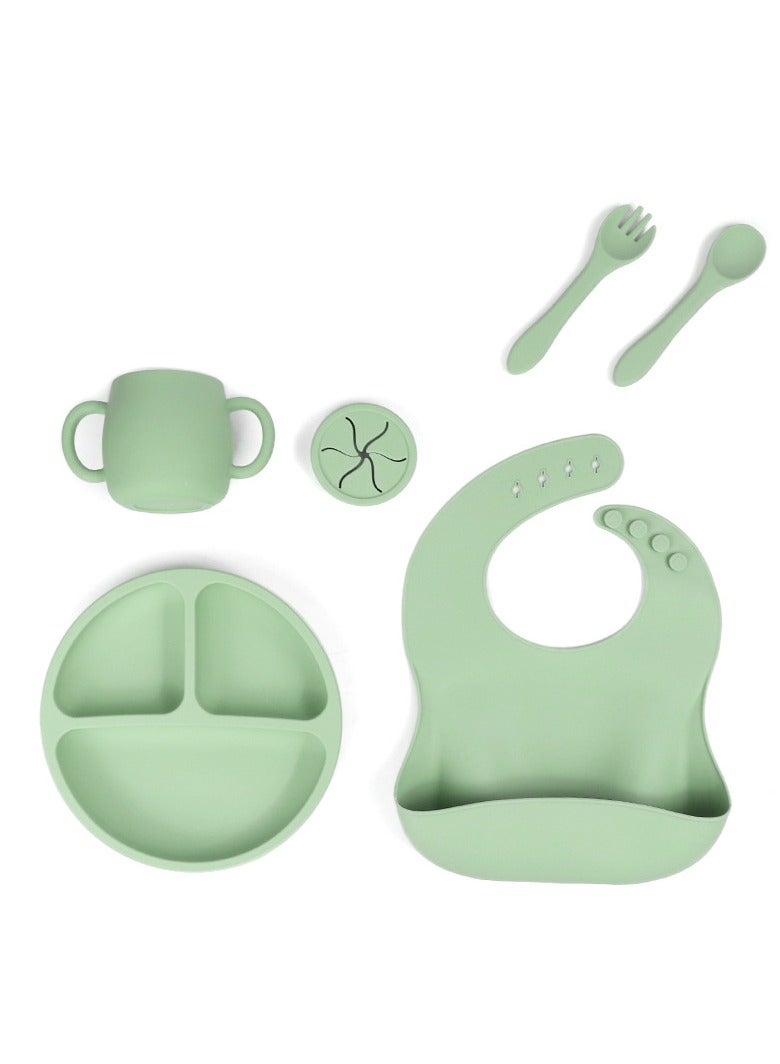 Children's Silicone Tableware Set (Baby Food Tray, Tableware, Tray + Saliva Holder + Fork And Spoon + Water Cup + Lid) Green Five-Piece set - Image 1