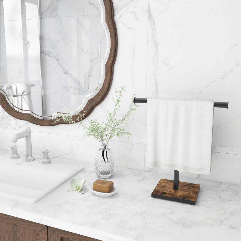 BCOZLUX Hand Towel Holder Stand, Bathroom Hand Towel Rack with Weighted Base, T-Shape Standing Towel Racks, Farmhouse Countertop Towel Stand for Kitchen Counter, Rustic Black Brown - Image 2