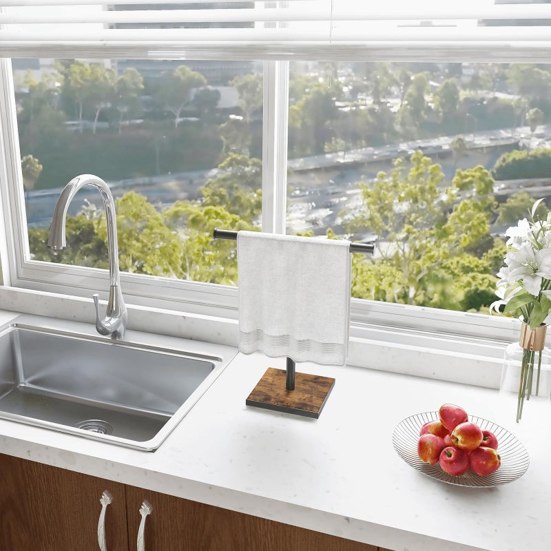 BCOZLUX Hand Towel Holder Stand, Bathroom Hand Towel Rack with Weighted Base, T-Shape Standing Towel Racks, Farmhouse Countertop Towel Stand for Kitchen Counter, Rustic Black Brown - Image 4