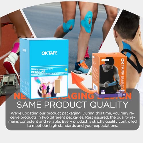 OK TAPE شريط كينيسيو العادي من أوكي تيب (عبوة 2) ، شريط رياضي مرن مقاوم للماء ، خالي من اللاتكس ، استعادة الإصابات ، شريط كينيسيو غير مقصوص 2 بوصة × 16.4 قدم - بيج - Image 2