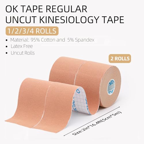 OK TAPE شريط كينيسيو العادي من أوكي تيب (عبوة 2) ، شريط رياضي مرن مقاوم للماء ، خالي من اللاتكس ، استعادة الإصابات ، شريط كينيسيو غير مقصوص 2 بوصة × 16.4 قدم - بيج - Image 3