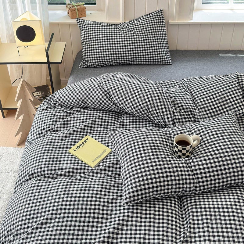 LifeTB Black Gingham Comforter Full Size Boho Plaid Checkered Pattern Comforter Geometric Grid Plaid Printed Bedding Comforter Set With 2 Pillowcases Fluffy Bed Luxury Soft Gingham Bedding Set Full - Image 4