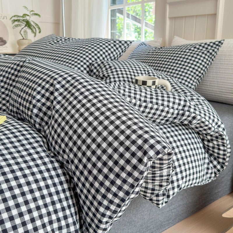 LifeTB Black Gingham Comforter Full Size Boho Plaid Checkered Pattern Comforter Geometric Grid Plaid Printed Bedding Comforter Set With 2 Pillowcases Fluffy Bed Luxury Soft Gingham Bedding Set Full - Image 1