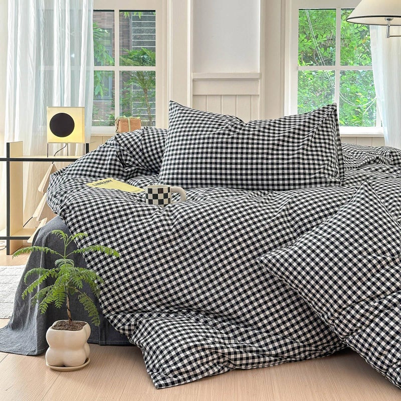 LifeTB Black Gingham Comforter Full Size Boho Plaid Checkered Pattern Comforter Geometric Grid Plaid Printed Bedding Comforter Set With 2 Pillowcases Fluffy Bed Luxury Soft Gingham Bedding Set Full - Image 2