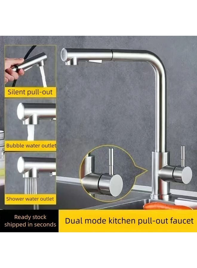 Brushed Silvery Stainless Steel Pull Out Kitchen Faucet With Rain Head Single Hole - Image 1