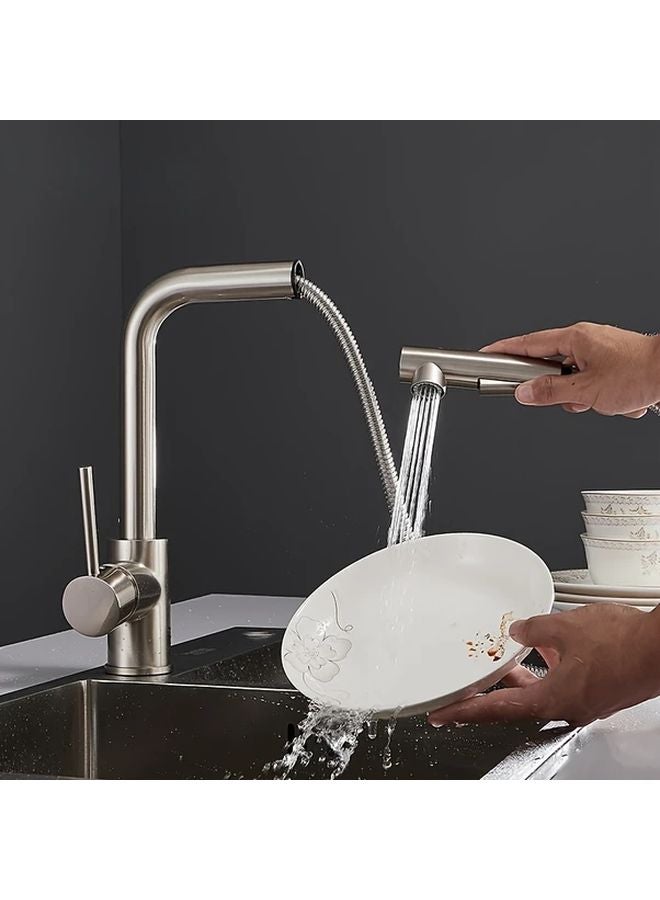 Brushed Silvery Stainless Steel Pull Out Kitchen Faucet With Rain Head Single Hole - Image 5