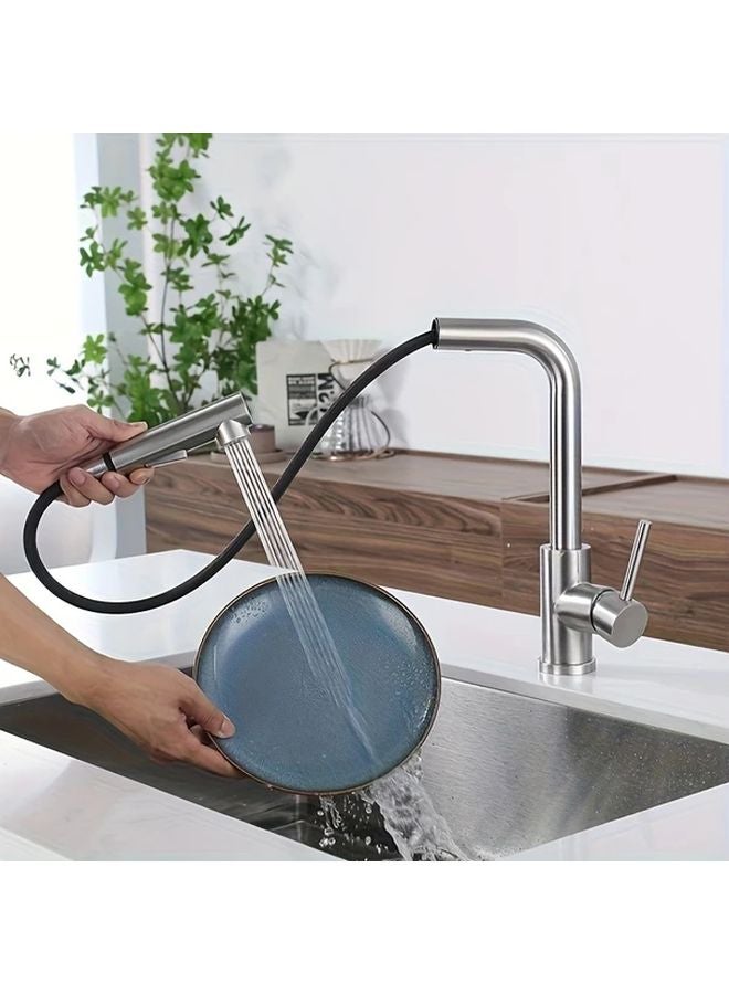 Brushed Silvery Stainless Steel Pull Out Kitchen Faucet With Rain Head Single Hole - Image 4