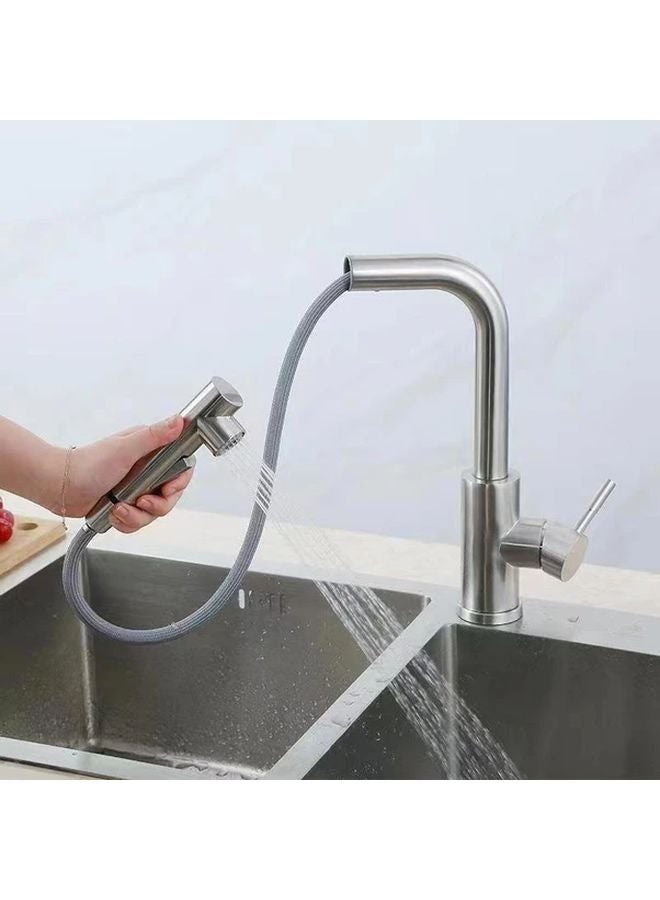 Brushed Silvery Stainless Steel Pull Out Kitchen Faucet With Rain Head Single Hole - Image 3