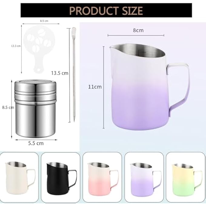 SIPLIV 14 Oz450 Ml Stainless Steel Espresso Steaming Pitchers Milk Frothing Pitcher With Latte Art Pen Cocoa Powder Shaker Coffee Stencils Coffee Art Tool Kit Gradient Pink - Image 4